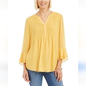 NWT Charter Club Women's Double-Ruffled Textured Bell Sleeve Yellow Blouse Large